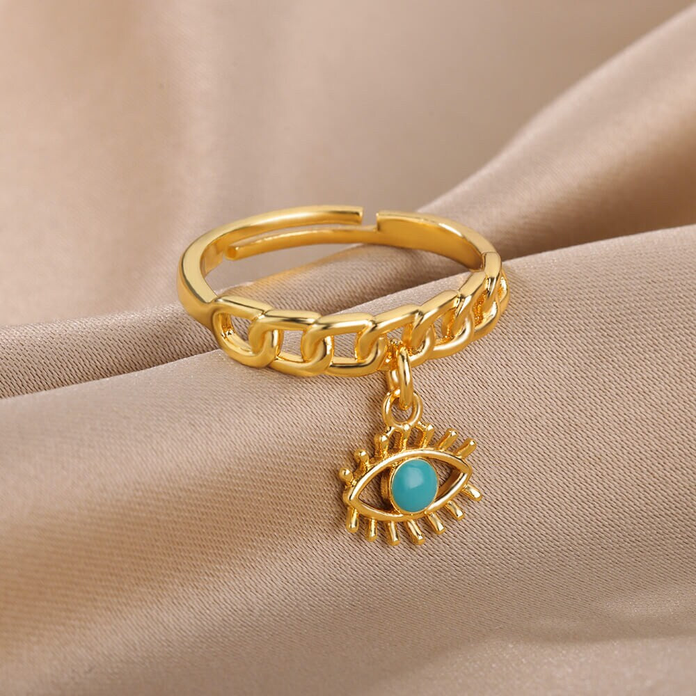 Evil Eye Dangle Ring, Evil Eye Cuban Link Ring, 18K Gold Gothic Stackable, Dainty Minimalist Jewelry, Punk Delicate for Women, Gift for Her