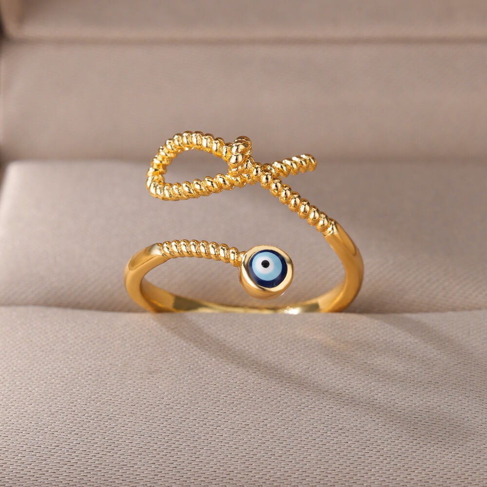 Gold Evil Eye Rope Ring, Evil Eye Twist Ring, 18K Gold Gothic Stackable, Dainty Minimalist Jewelry, Punk Delicate for Women, Gift for Her