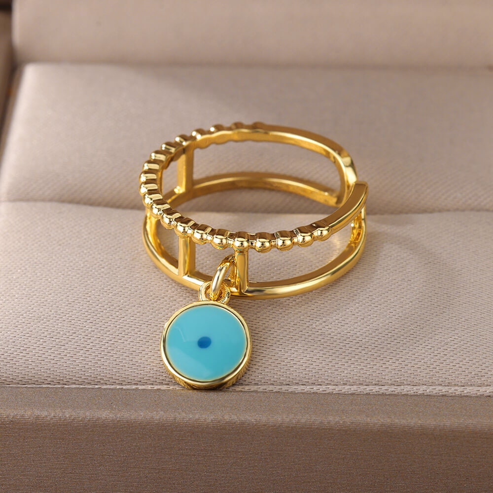 Evil Eye Dangle Ring, Gold Link Evil Eye Ring, 18K Gold Gothic Stackable, Dainty Minimalist Jewelry, Punk Delicate for Women, Gift for Her