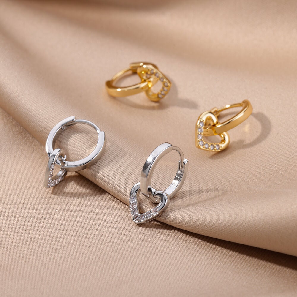 Gold Heart Hoop Earrings, Heart Dangle Earrings, 18K Gold Everyday Earrings, Dainty Minimalist, Cute Delicate for Women, Gift for Her