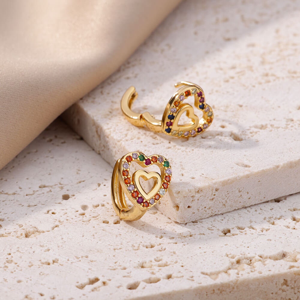 Gold Heart Hoop Earrings, Multicolor Heart Dangle Earrings, 18K Gold Earrings, Dainty Minimalist, Cute Delicate for Women, Gift for Her