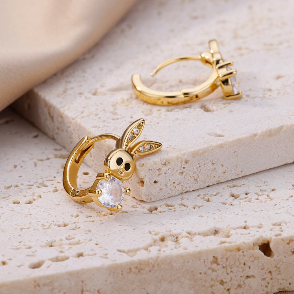Bunny Rabbit Cubic Zirconia Earrings, Rabbit Crystal Hoop Earrings, 18K Gold Earrings, Dainty Minimalist, Delicate Women, Gift for Her
