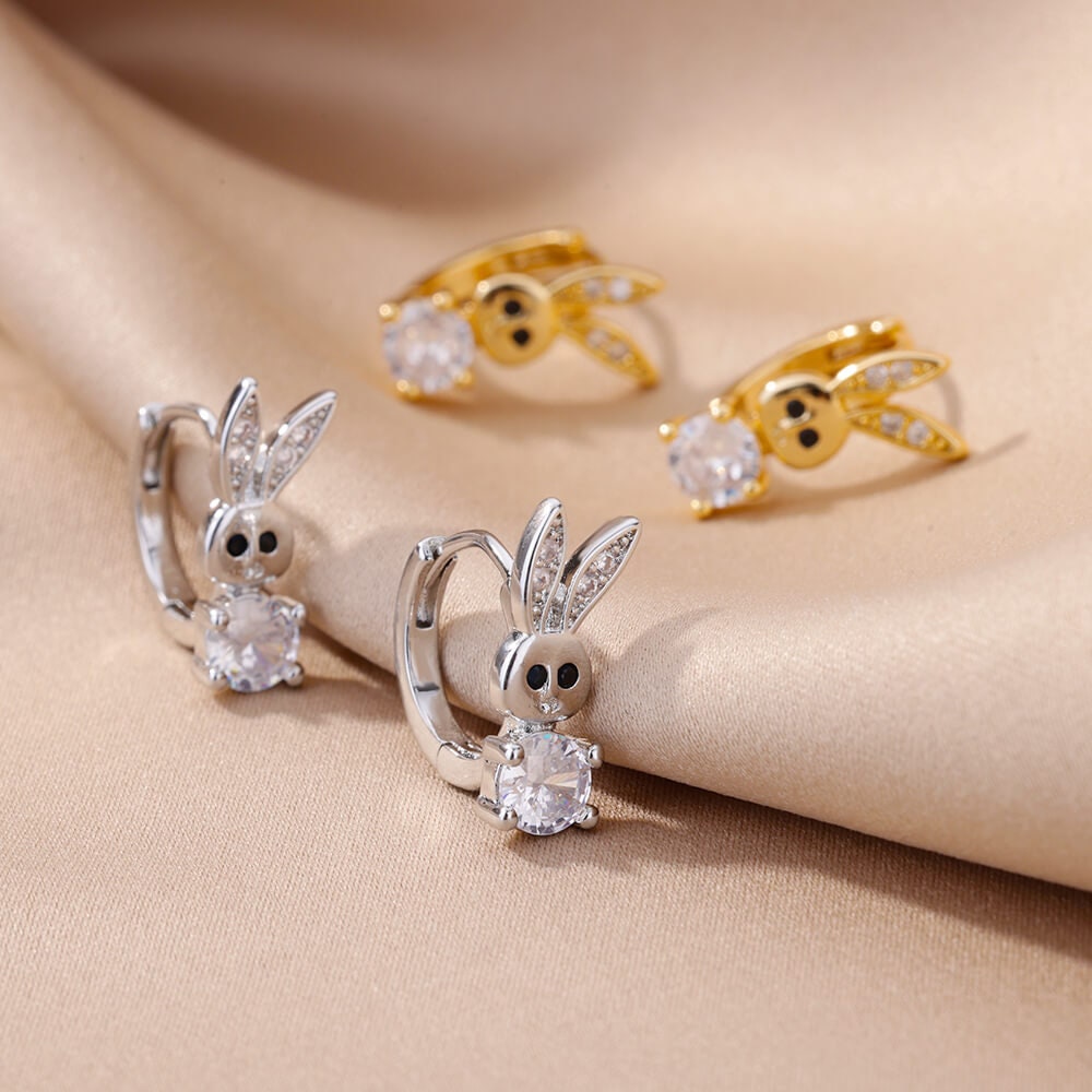 Bunny Rabbit Cubic Zirconia Earrings, Rabbit Crystal Hoop Earrings, 18K Gold Earrings, Dainty Minimalist, Delicate Women, Gift for Her
