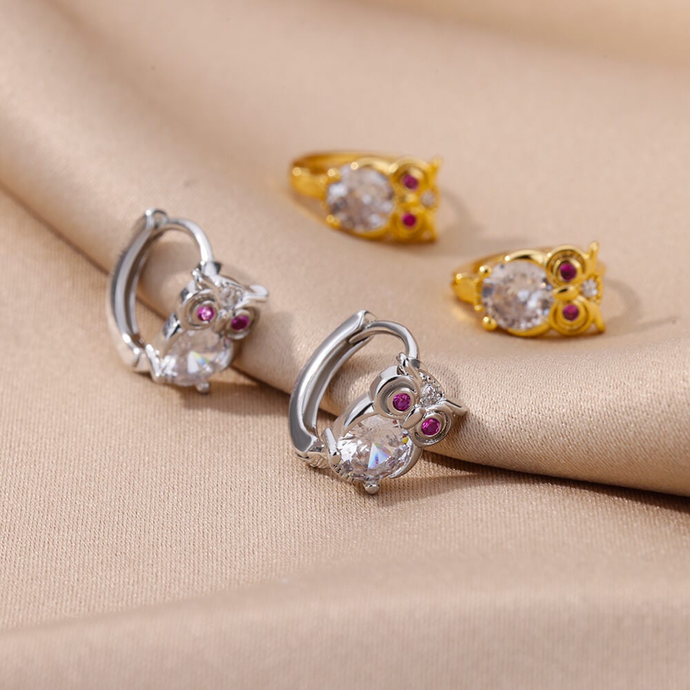 Owl Cubic Zirconia Stud Earrings, Wise Owl Crystal Hoop Earrings, 18K Gold Earrings, Dainty Minimalist, Delicate Women, Gift for Her