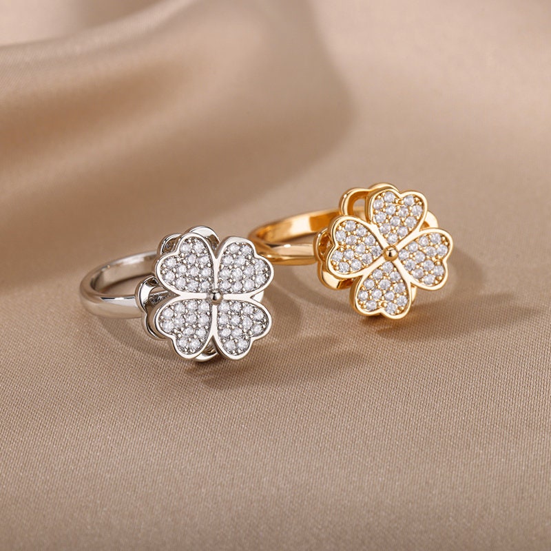 Gold Zircon Flower Spinner Ring, Flower Crystal Ring, 18K Gold Floral Ring, Dainty Minimalist Jewelry, Delicate for Women, Gift for Her