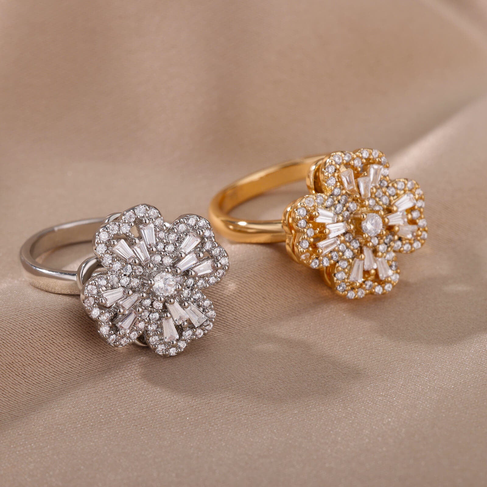 Gold Cubic Zirconia Flower Spinner Ring, Flower Crystal Ring, 18K Gold Floral Ring, Dainty Minimalist Jewelry, Delicate Women, Gift for Her