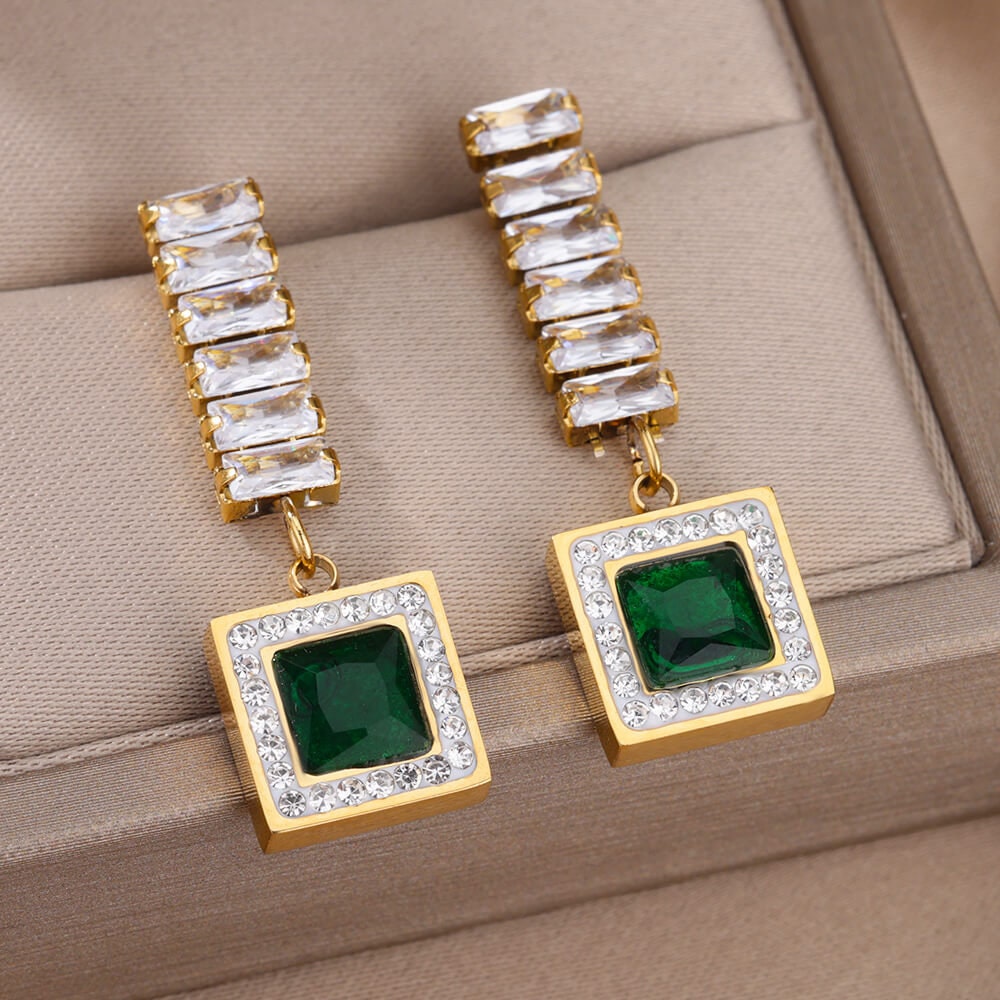 Cubic Zirconia Green Square Drop Earrings, 18K Gold Earrings, Dainty Minimalist Jewelry, Gift for Her