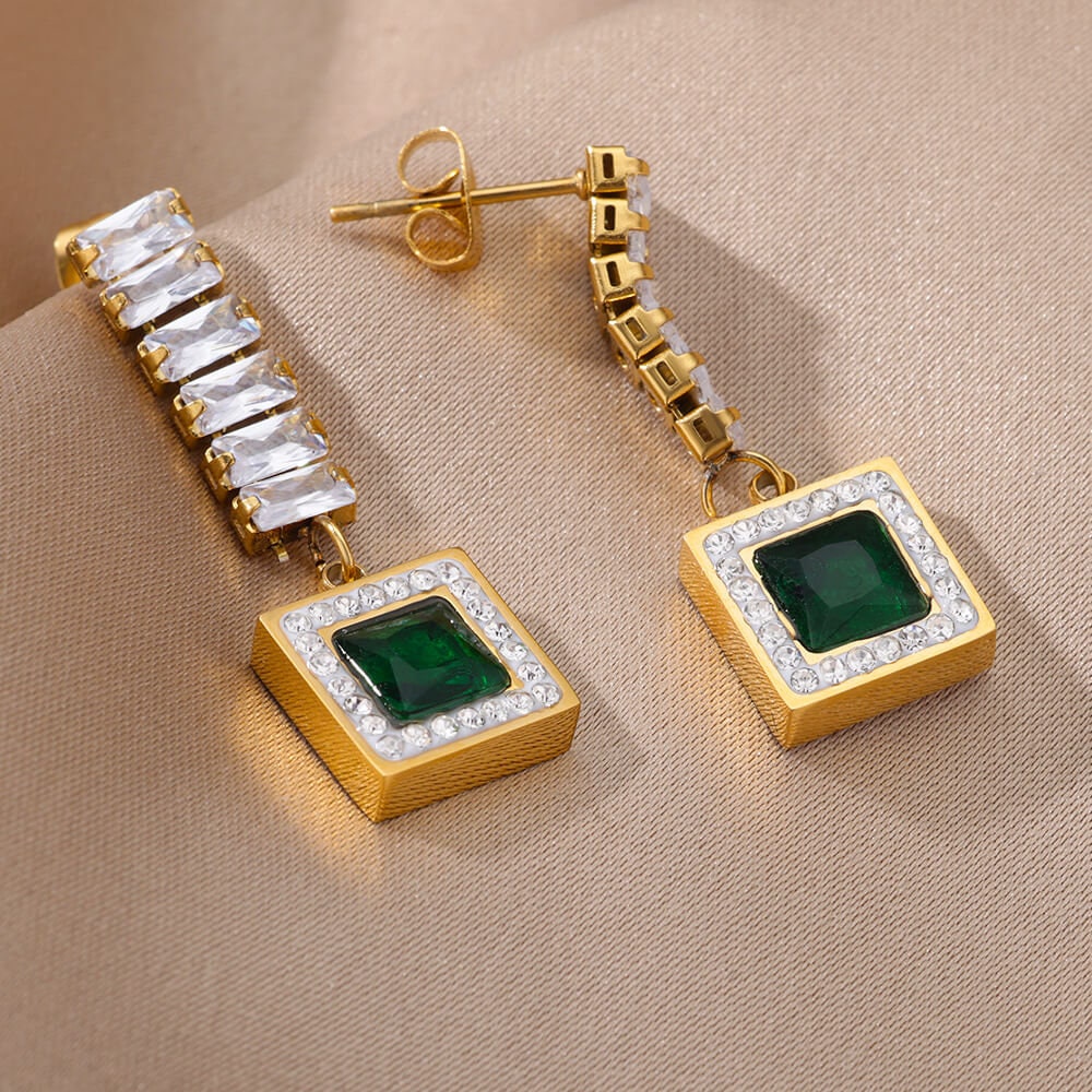 Cubic Zirconia Green Square Drop Earrings, 18K Gold Earrings, Dainty Minimalist Jewelry, Gift for Her