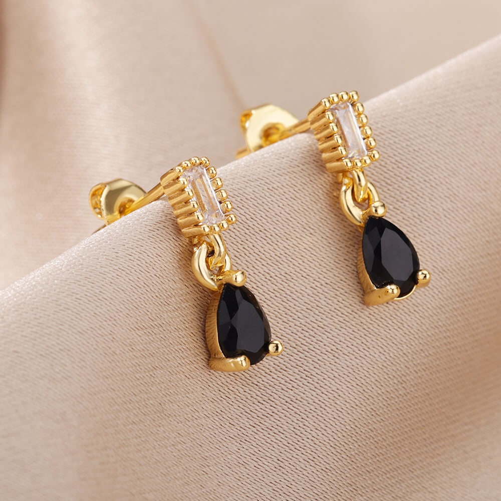 Black Raindrop Earrings, Cubic Zirconia Black Tear Drop Earrings, 18K Gold Earrings, Dainty Minimalist Jewelry, Gift for Her
