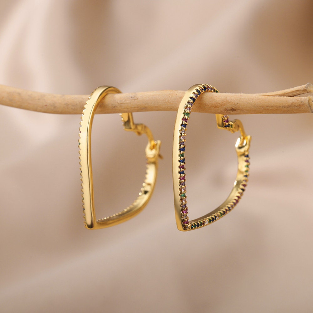Gold Multicolor Heart Hoop Earrings, Cubic Zirconia Heart Dangle Earrings, 18K Gold Earrings, Dainty Minimalist, Cute Delicate, Gift for Her
