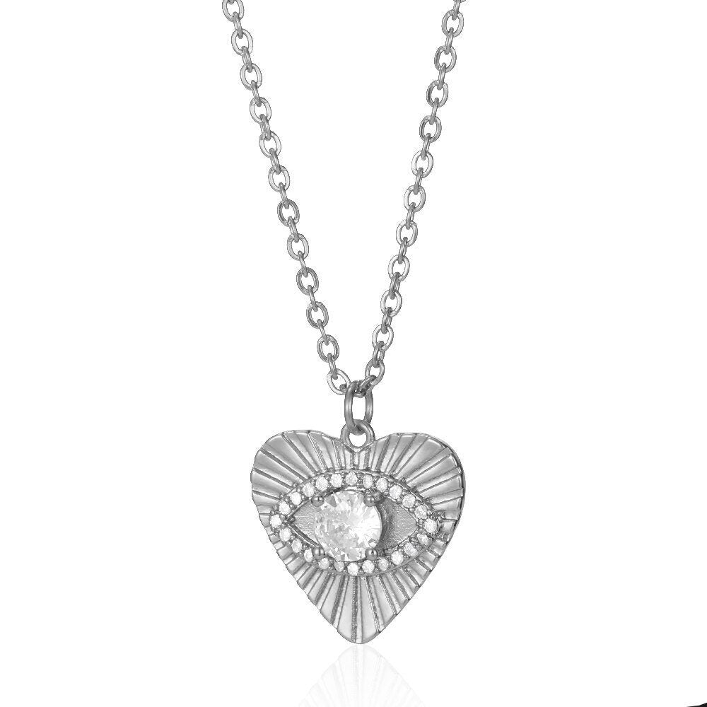 Punk Evil Eye Heart Pendant, Gold Heart Eye Necklace, Cubic Zirconia Heart Pendant, 18K Gold, Punk Fashion Necklace for Women, Gift for Her