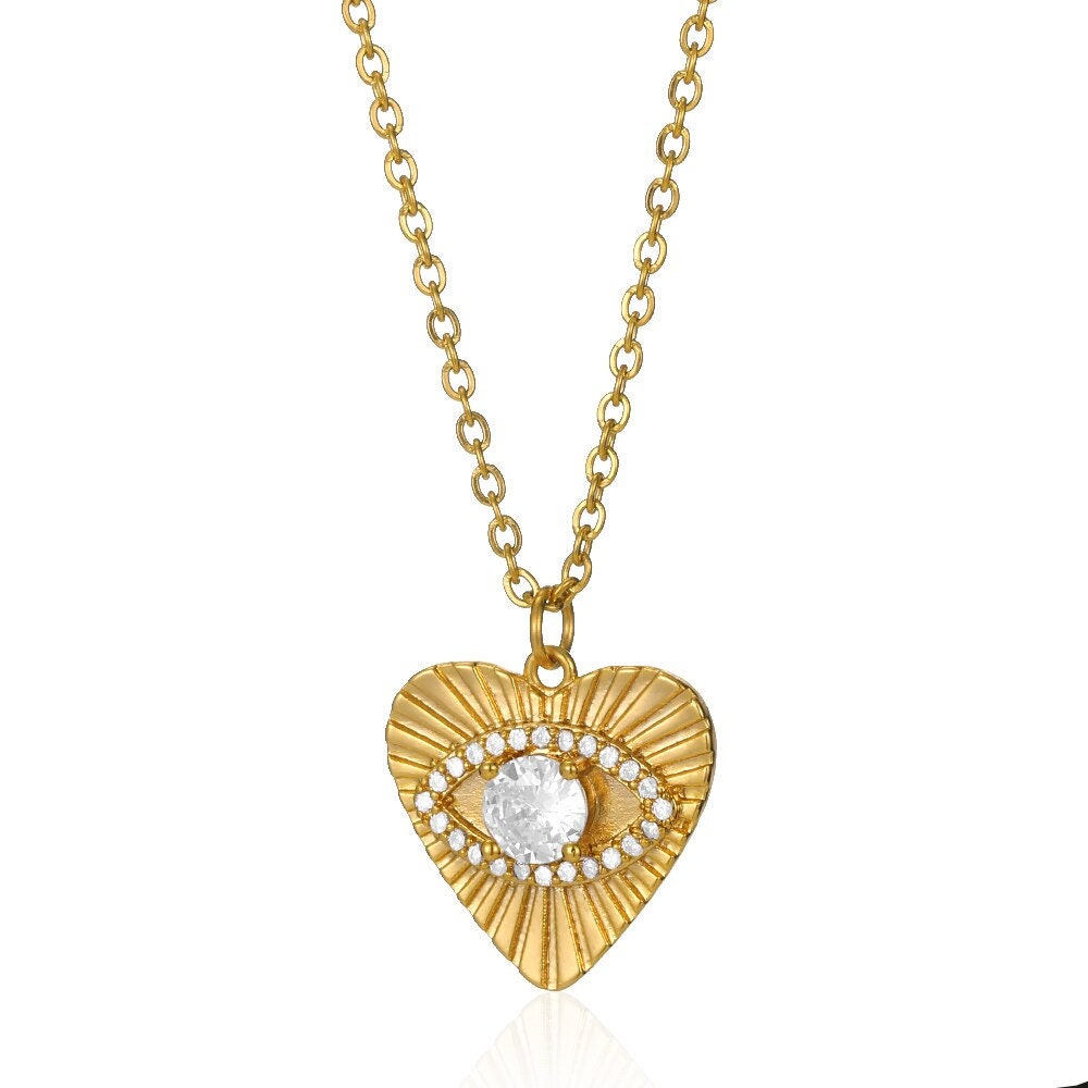 Punk Evil Eye Heart Pendant, Gold Heart Eye Necklace, Cubic Zirconia Heart Pendant, 18K Gold, Punk Fashion Necklace for Women, Gift for Her