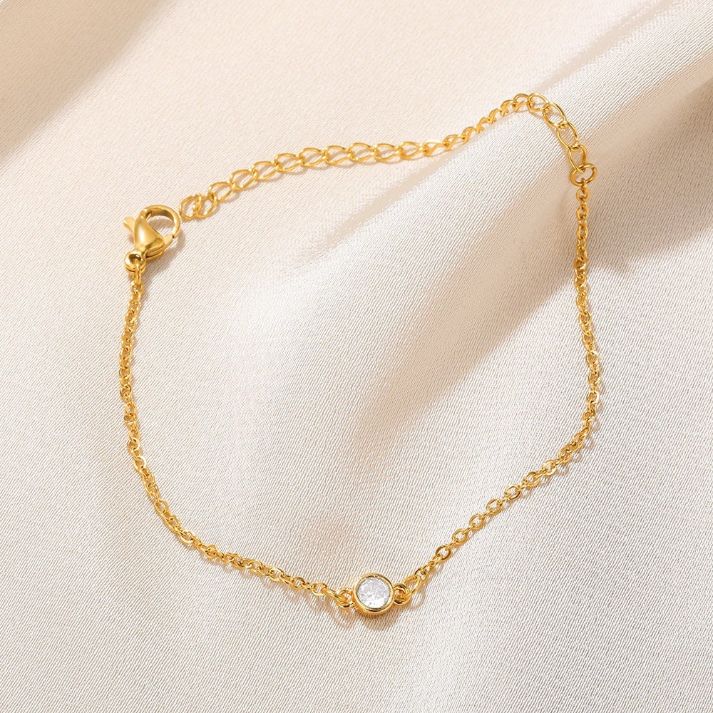 Minimalist Stud Bracelet, Gold Stud Bracelet, 18K Gold Bracelet, Dainty Bead Bracelet for Women, Cubic Zirconia Stud Bracelet, Gift for Her