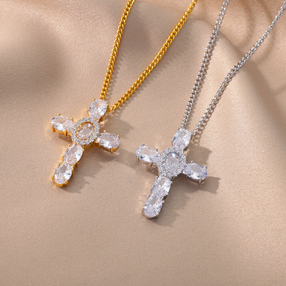 Gold Crystal Cross Necklace, 18K Gold Jesus Cubic Zirconia Pendant, Christian Cross, Religious Catholic Jewelry for Women, Gift for Her