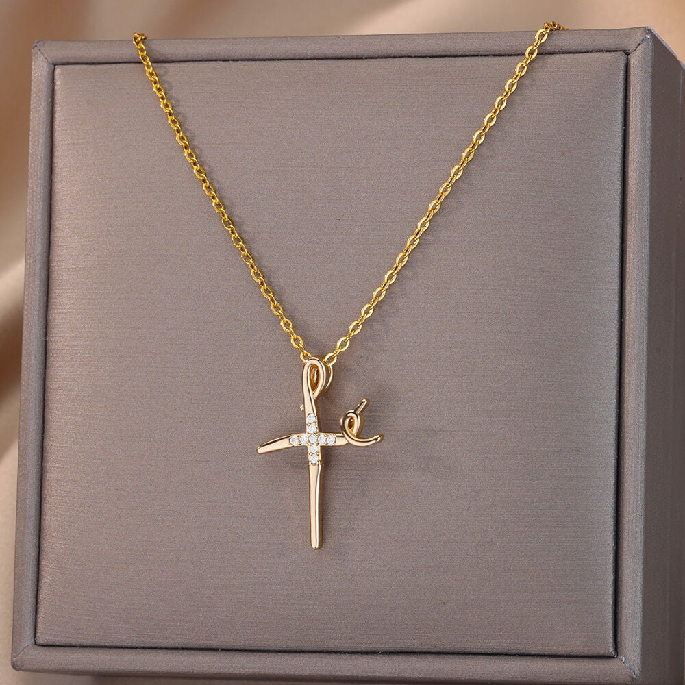 Gold Dainty Cross Necklace, 18K Gold Jesus Cubic Zirconia Pendant, Christian Cross, Religious Catholic Minimalist for Women, Gift for Her