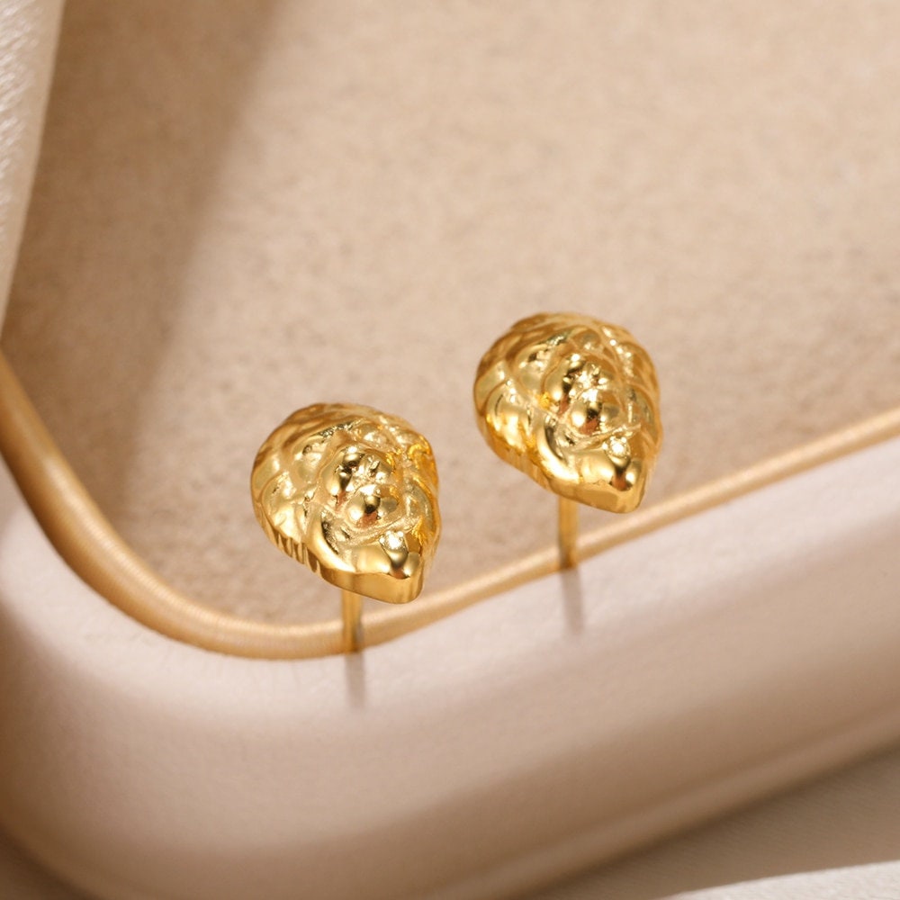 Boho Lion Studs Earrings, Punk Lion Studs Earrings, Gold Lion Head Earrings, 18K Gold Earrings, Dainty Minimalist for Women, Gift for Her
