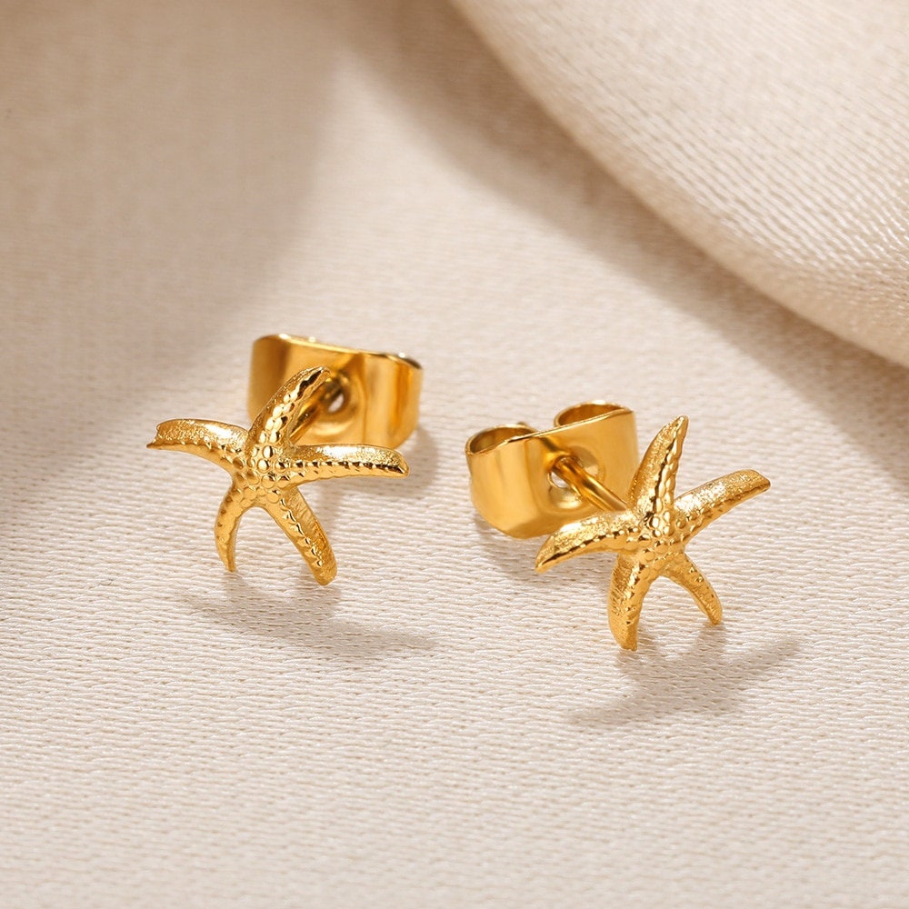 Boho Starfish Studs Earrings, Punk Starfish Studs Earrings, Gold Beach Earrings, 18K Gold, Dainty Minimalist for Women, Gift for Her