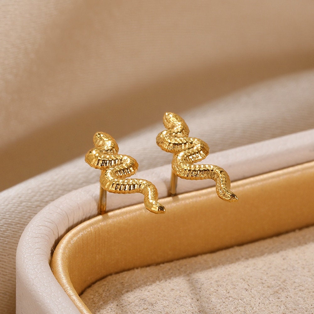 Boho Snake Studs Earrings, Punk Snake Studs Earrings, Gold Snake Earrings, 18K Gold Earrings, Dainty Minimalist for Women, Gift for Her