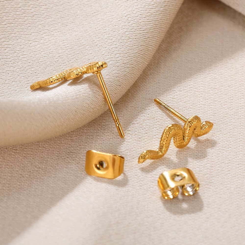 Boho Snake Studs Earrings, Punk Snake Studs Earrings, Gold Snake Earrings, 18K Gold Earrings, Dainty Minimalist for Women, Gift for Her
