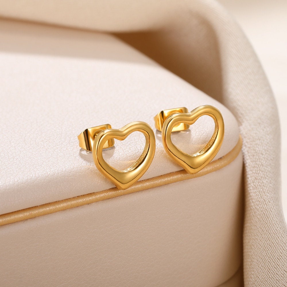 Boho Heart Studs Earrings, Punk Heart Studs Earrings, Gold Heart Earrings, 18K Gold Earrings, Dainty Minimalist for Women, Gift for Her