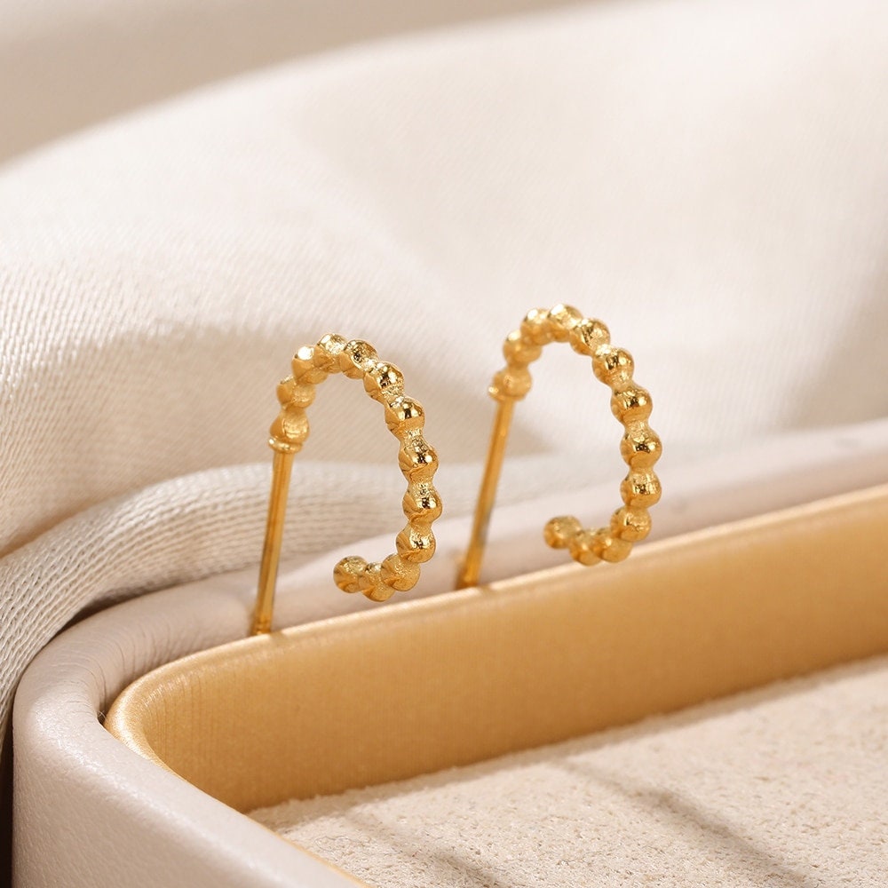 Boho Beads Studs Earrings, Punk Beads Studs Earrings, Gold Heart Earrings, 18K Gold Earrings, Dainty Minimalist for Women, Gift for Her