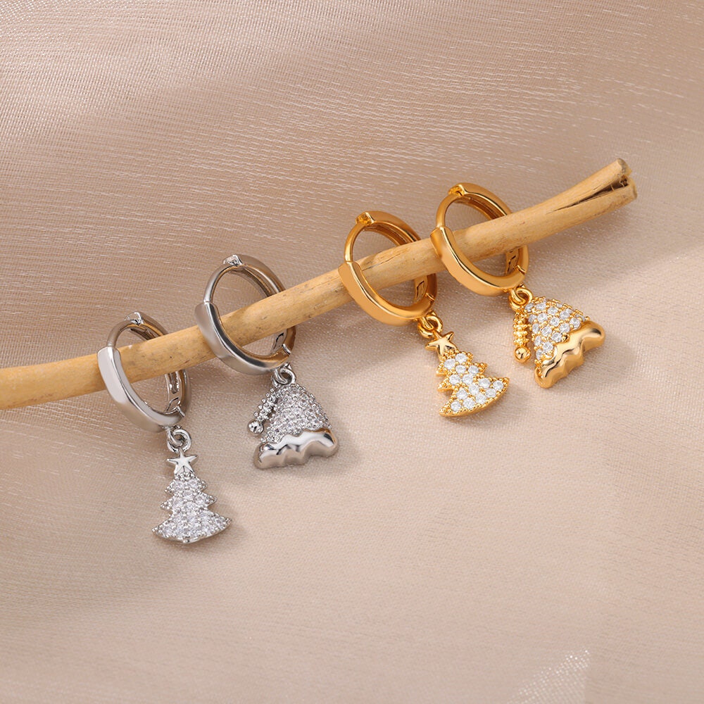 18K Gold Plated Handmade Christmas Tree Earrings, Holidays Christmas Tree Dainty Cubic Zirconia Hoop Earring, Gift for Her