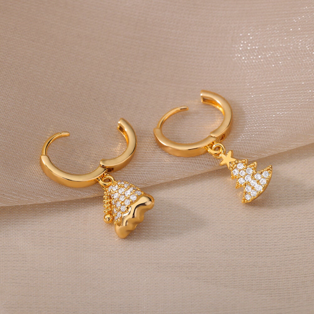 18K Gold Plated Handmade Christmas Tree Earrings, Holidays Christmas Tree Dainty Cubic Zirconia Hoop Earring, Gift for Her