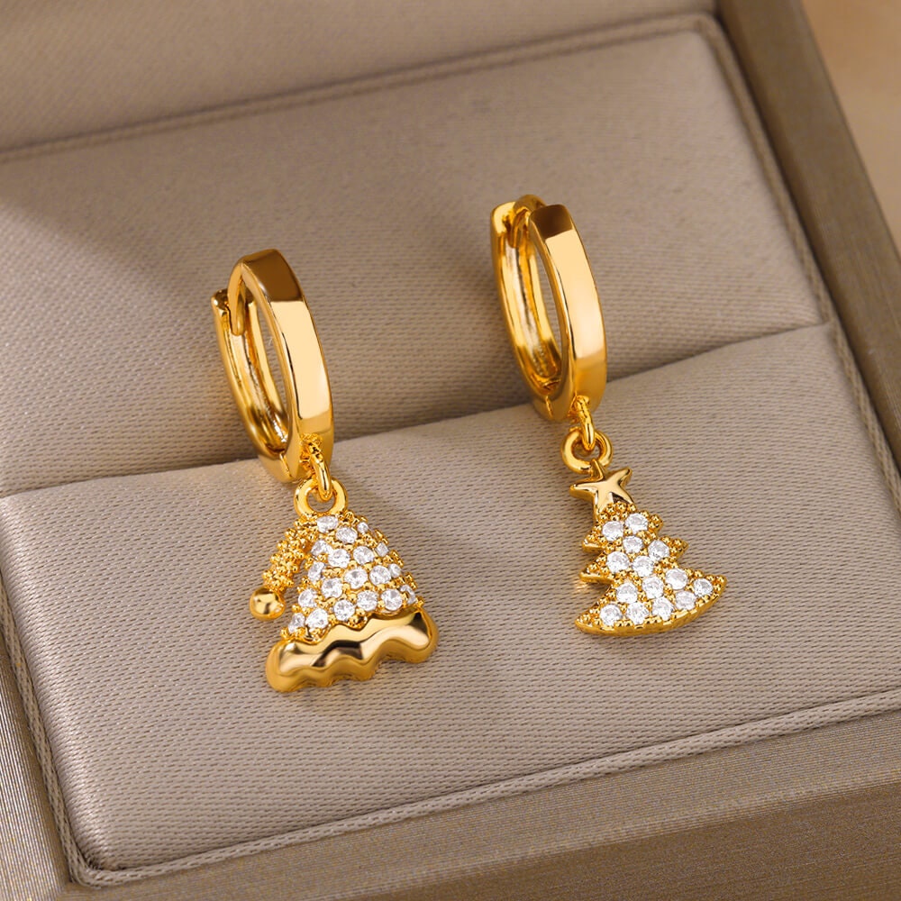 18K Gold Plated Handmade Christmas Tree Earrings, Holidays Christmas Tree Dainty Cubic Zirconia Hoop Earring, Gift for Her