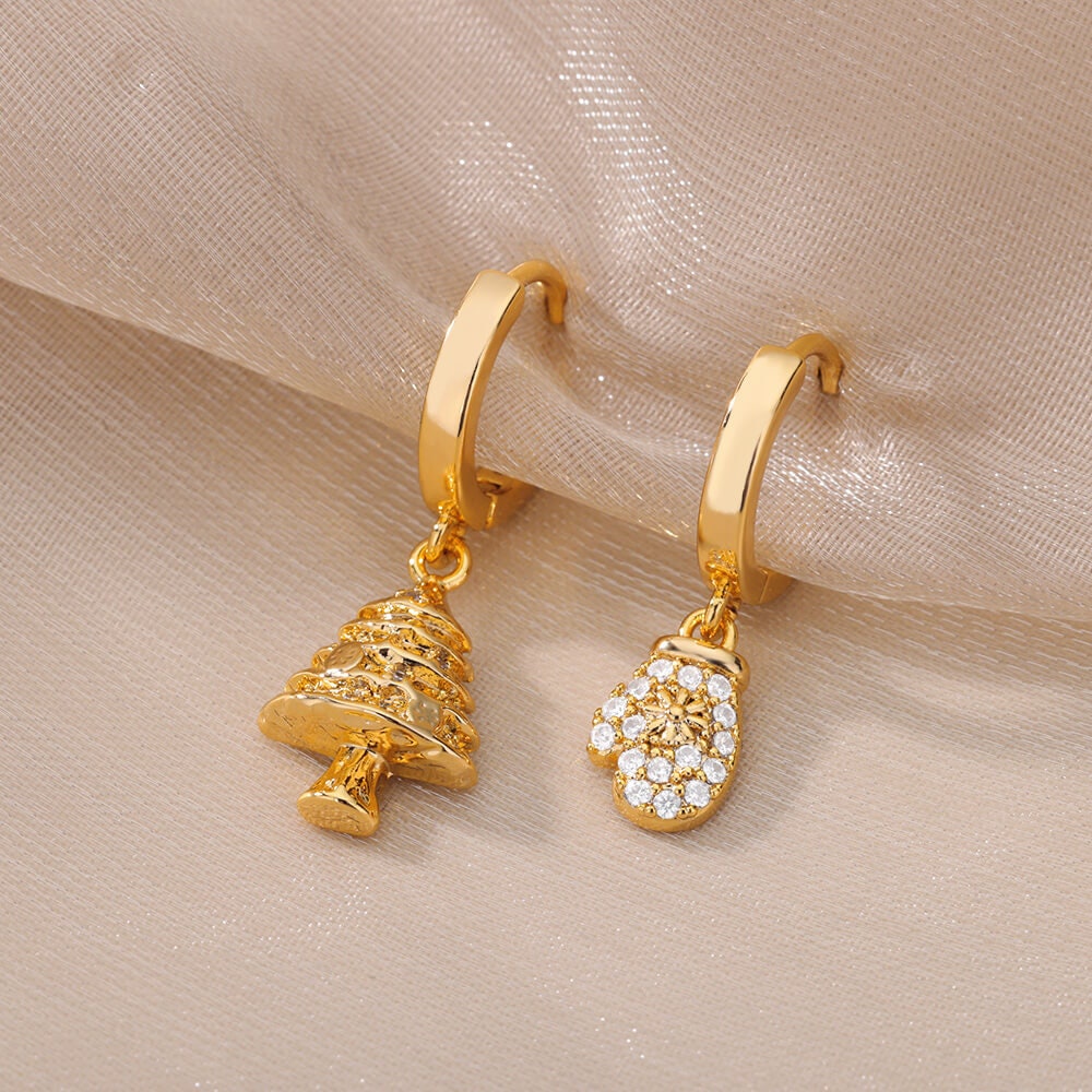 18K Gold Plated Handmade Christmas Tree Earrings, Holidays Christmas Tree Mittens Dainty Cubic Zirconia Hoop Earring, Gift for Her