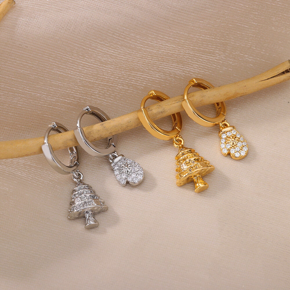 18K Gold Plated Handmade Christmas Tree Earrings, Holidays Christmas Tree Mittens Dainty Cubic Zirconia Hoop Earring, Gift for Her