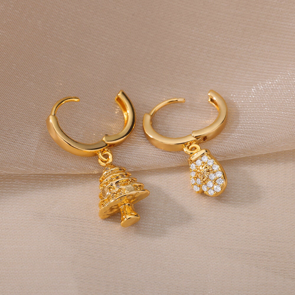 18K Gold Plated Handmade Christmas Tree Earrings, Holidays Christmas Tree Mittens Dainty Cubic Zirconia Hoop Earring, Gift for Her