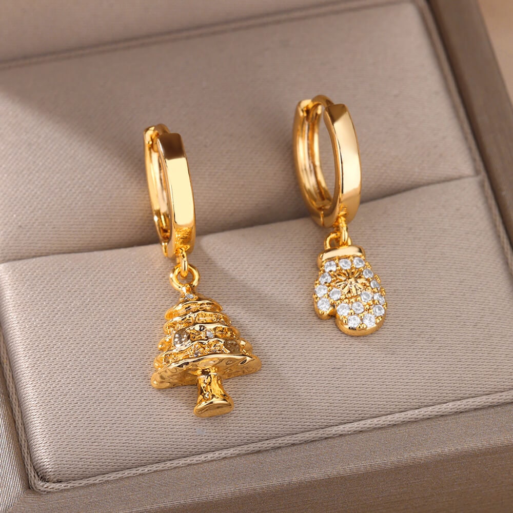 18K Gold Plated Handmade Christmas Tree Earrings, Holidays Christmas Tree Mittens Dainty Cubic Zirconia Hoop Earring, Gift for Her