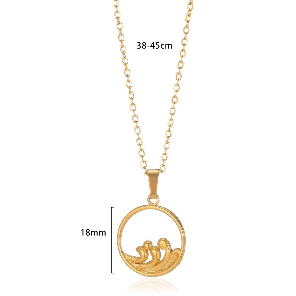 Ocean Waves Coin Necklace, 18K Gold Ocean Waves Pendant, Beach Tropical Mystical Waves, Dainty Minimalist for Women, Gift for Her