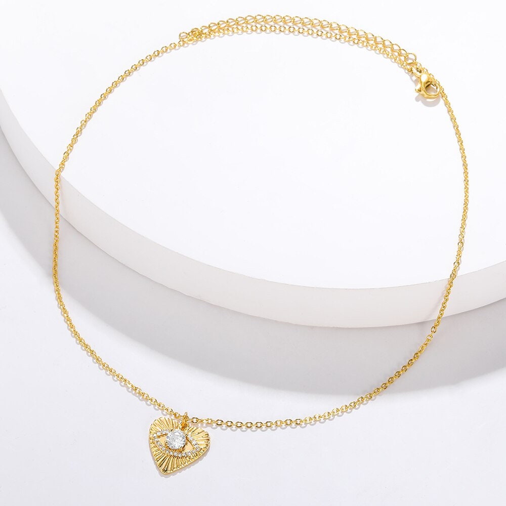 Punk Evil Eye Heart Pendant, Gold Heart Eye Necklace, Cubic Zirconia Heart Pendant, 18K Gold, Punk Fashion Necklace for Women, Gift for Her