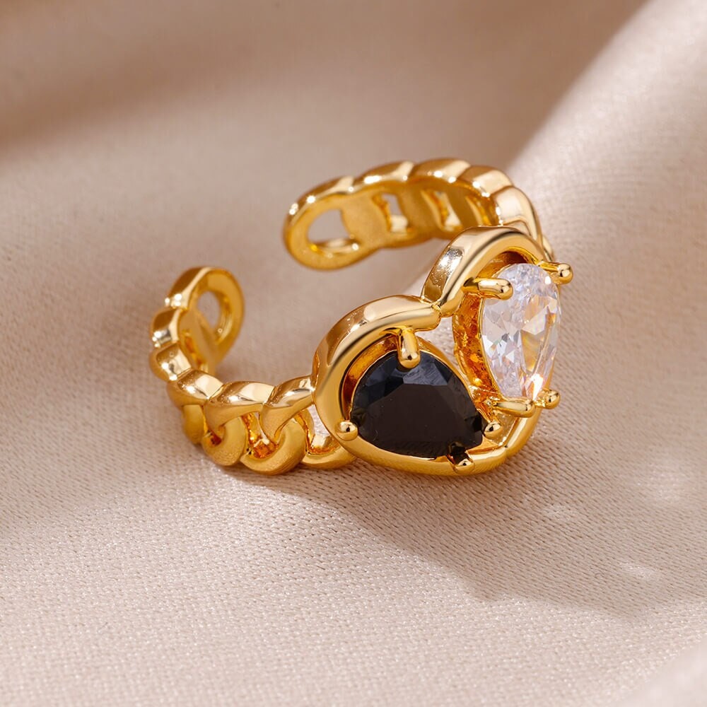 Punk Gold Heart White & Black Ring, Boho Cubic Zirconia Double Heart Ring, 18K Gold Heart Ring, Dainty Minimalist for Women, Gift for Her