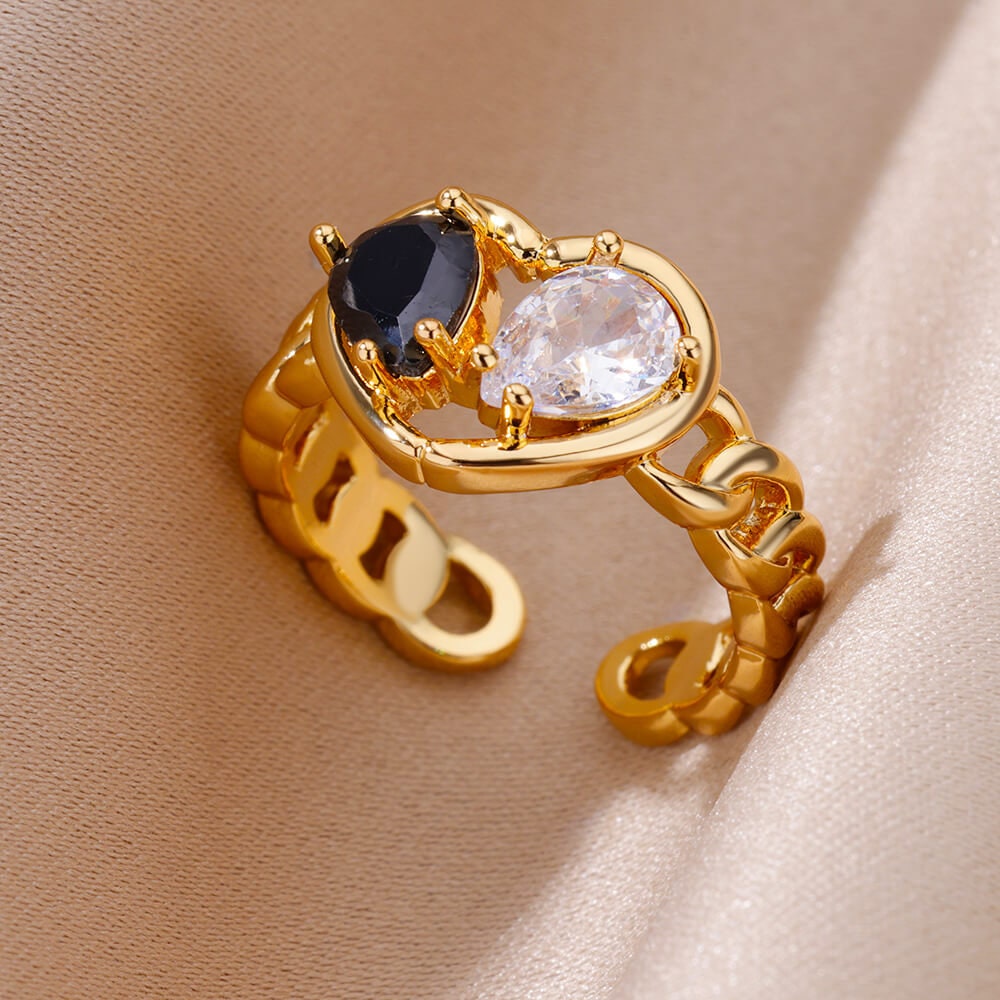 Punk Gold Heart White & Black Ring, Boho Cubic Zirconia Double Heart Ring, 18K Gold Heart Ring, Dainty Minimalist for Women, Gift for Her