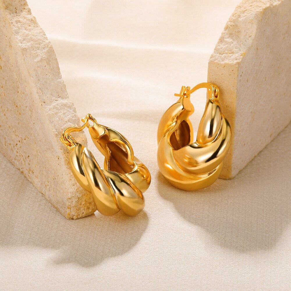 Boho Hoop Earrings, Glam Hoop Earrings, Gold Hoop Earrings, Twist Hoop Earrings, 18K Gold, Punk Hoops for Women, Gift for Her