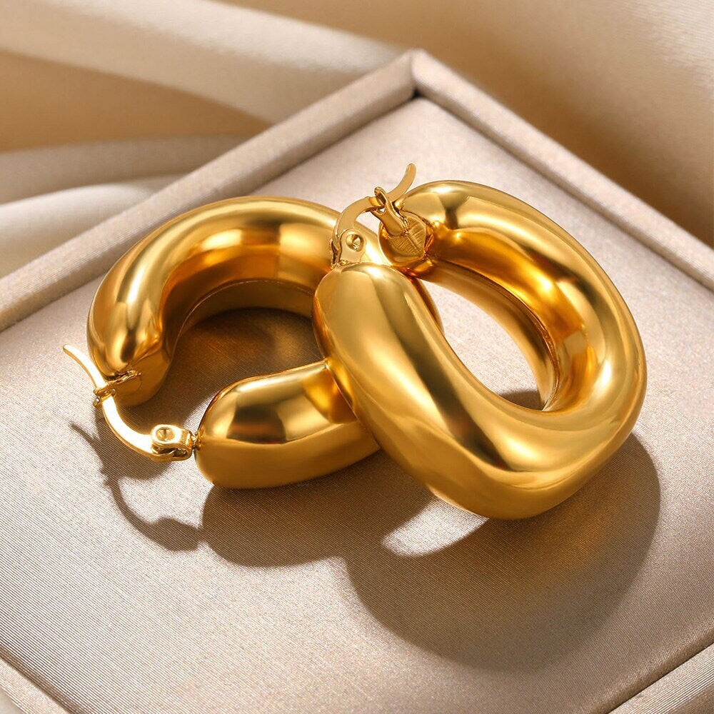Boho Hoop Earrings, Glam Hoop Earrings, Gold Hoop Earrings, Thick Hoop Earrings, 18K Gold, Punk Hoops for Women, Gift for Her