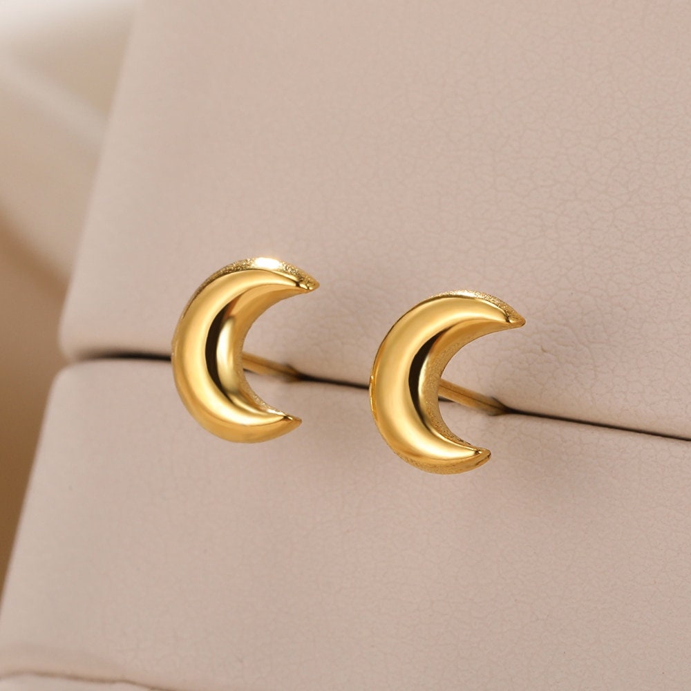 Punk Moon Studs Earrings, Boho Moon Studs Earrings, Gold Moon Earrings, 18K Gold Earrings, Dainty Minimalist for Women, Gift for Her