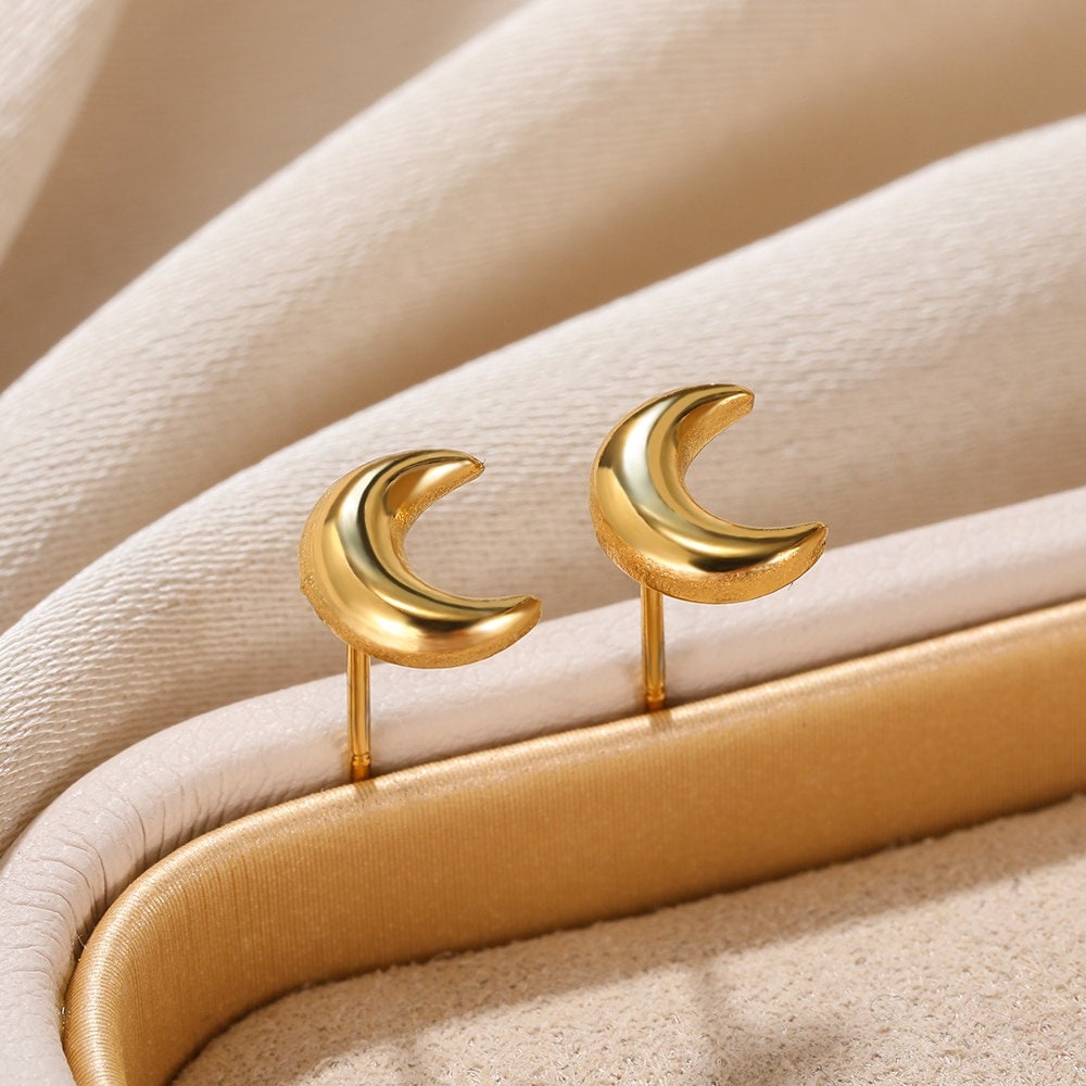 Punk Moon Studs Earrings, Boho Moon Studs Earrings, Gold Moon Earrings, 18K Gold Earrings, Dainty Minimalist for Women, Gift for Her