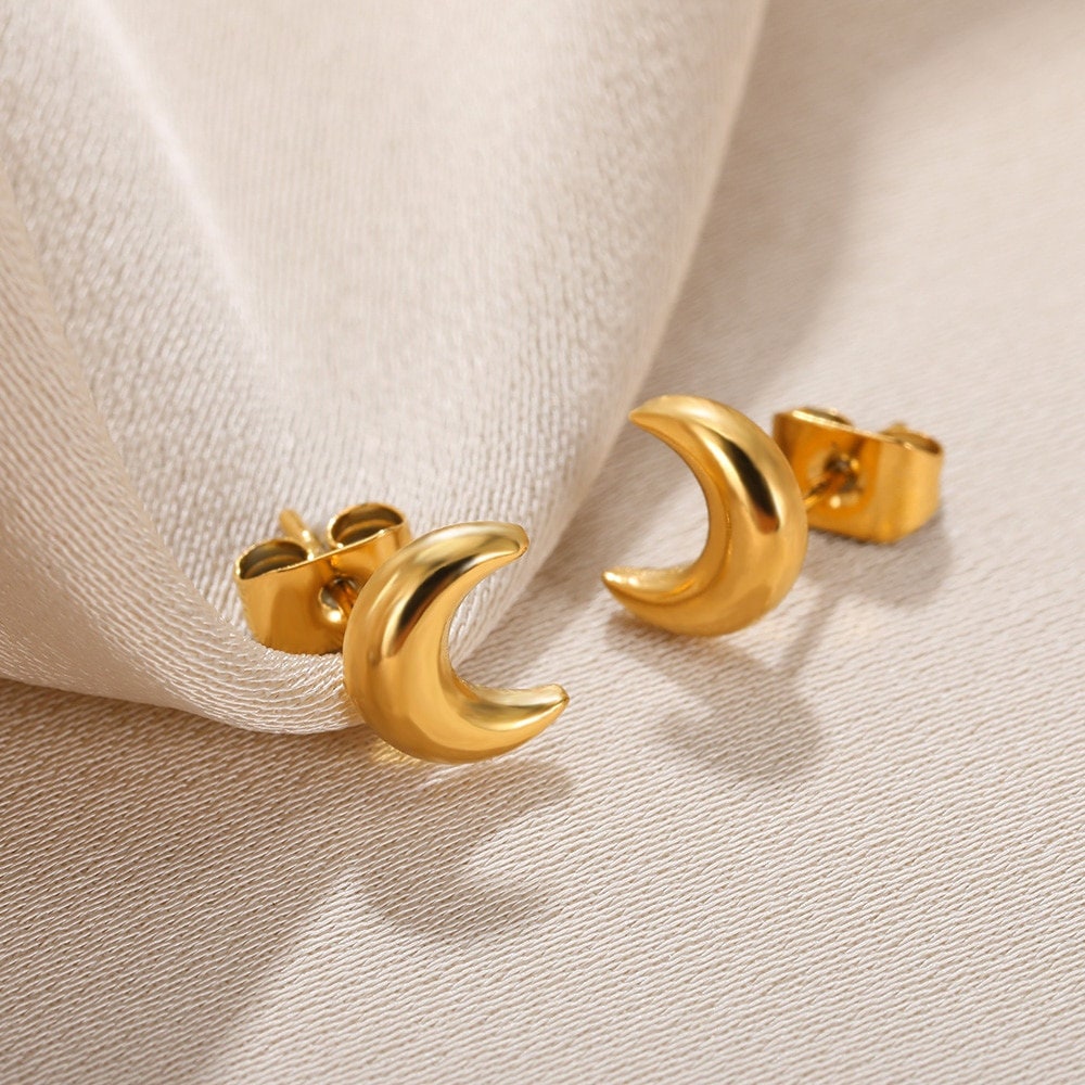 Punk Moon Studs Earrings, Boho Moon Studs Earrings, Gold Moon Earrings, 18K Gold Earrings, Dainty Minimalist for Women, Gift for Her