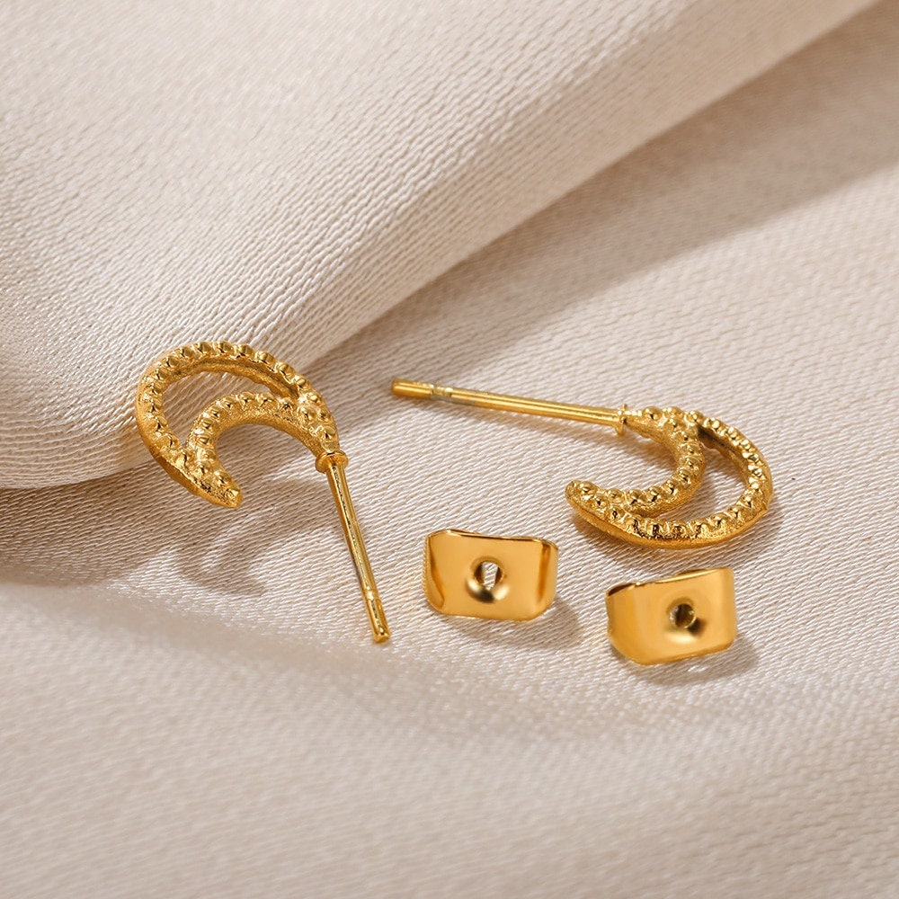 Boho Moon Studs Earrings, Punk Moon Studs Earrings, Gold Moon Earrings, 18K Gold Earrings, Dainty Minimalist for Women, Gift for Her
