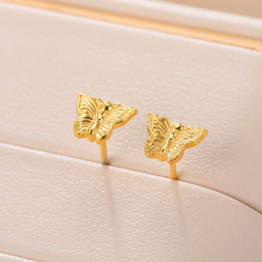 Boho Butterfly Studs Earrings, Punk Butterfly Studs Earrings, Gold Butterfly Earrings, 18K Gold, Dainty Minimalist for Women, Gift for Her