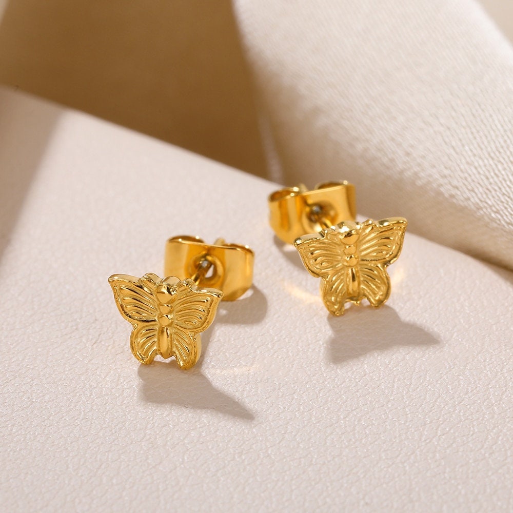 Boho Butterfly Studs Earrings, Punk Butterfly Studs Earrings, Gold Butterfly Earrings, 18K Gold, Dainty Minimalist for Women, Gift for Her