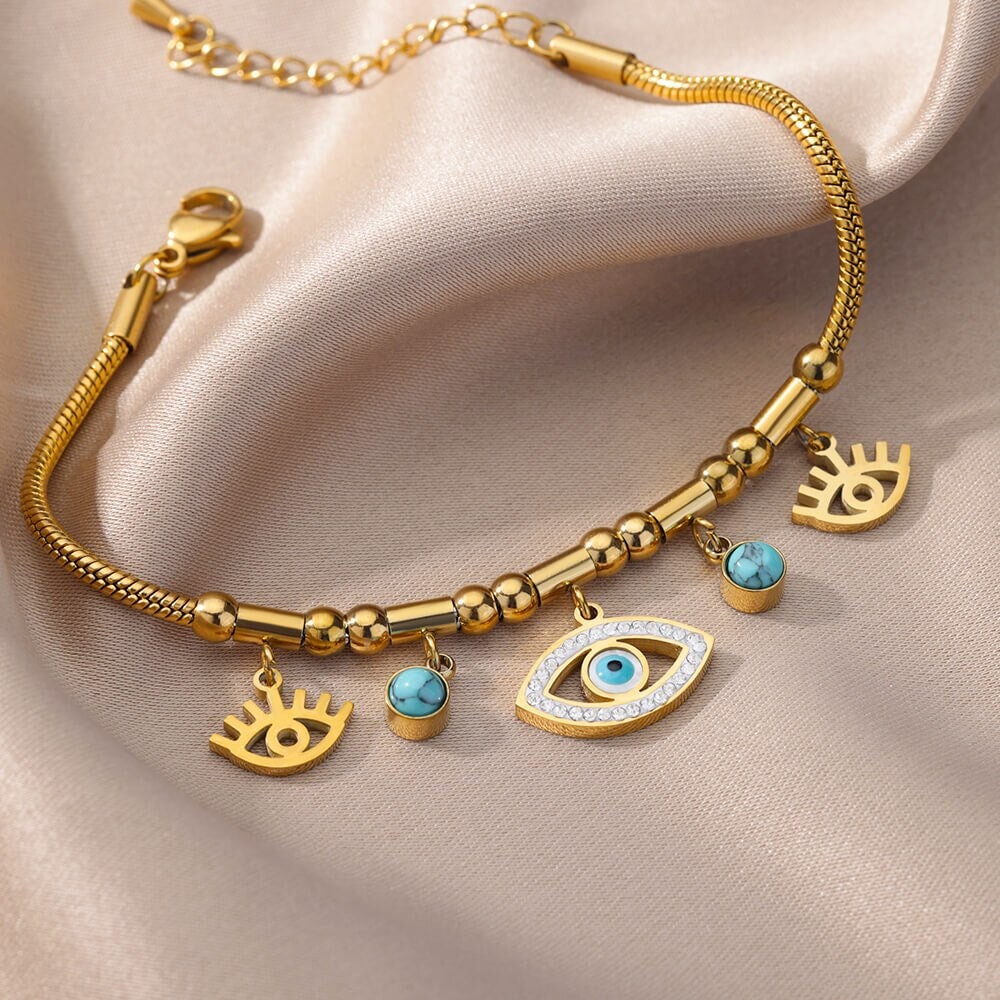 Gothic Evil Eye Moonstone Bracelet, Gold Punk Evil Eye Bracelet, 18K Gold Bracelet, Protection Amulet for Women, Gift for Her