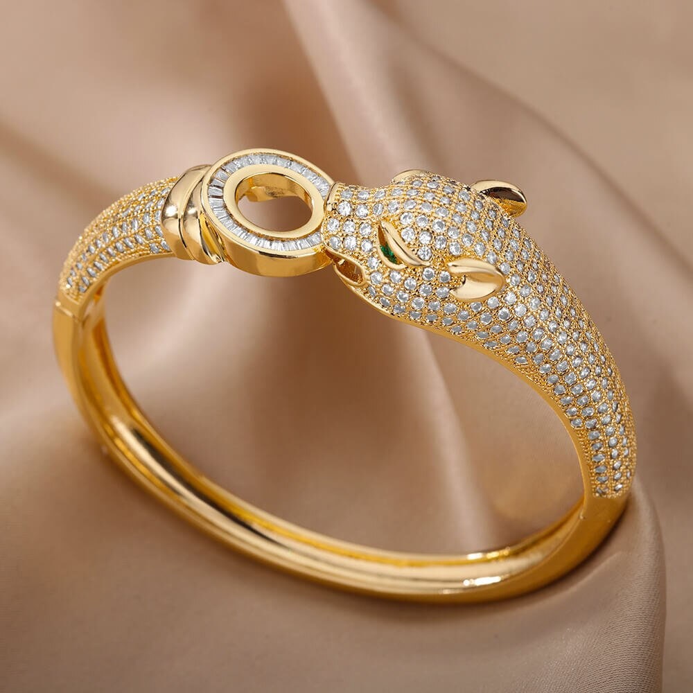 Punk Gold Leopard Bangle, 18K Gold Jaguar Bracelet, Luxury Cubic Zirconia Leopard Bangle for Women, Gothic Jaguar Bangle, Gift for Her