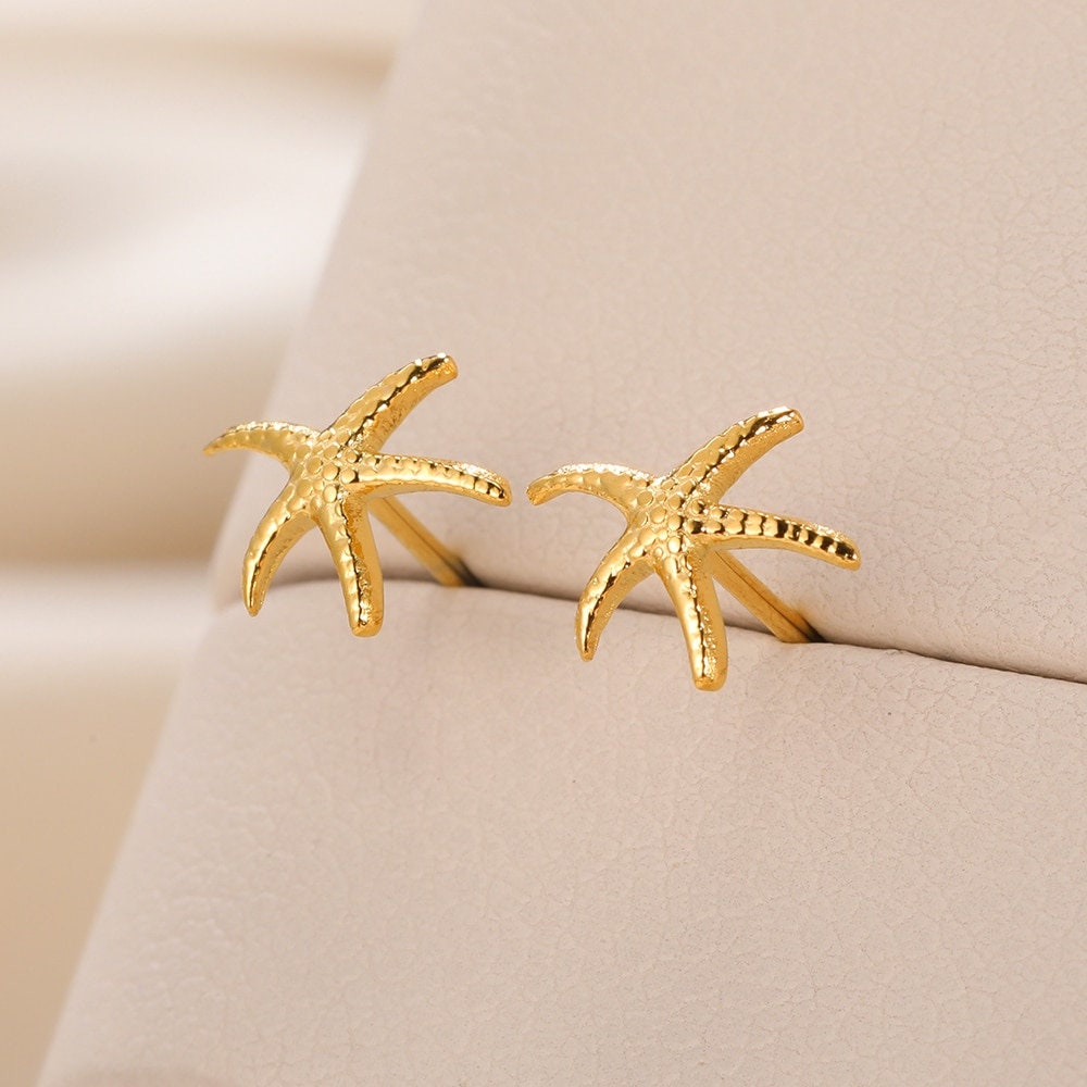 Boho Starfish Studs Earrings, Punk Starfish Studs Earrings, Gold Beach Earrings, 18K Gold, Dainty Minimalist for Women, Gift for Her