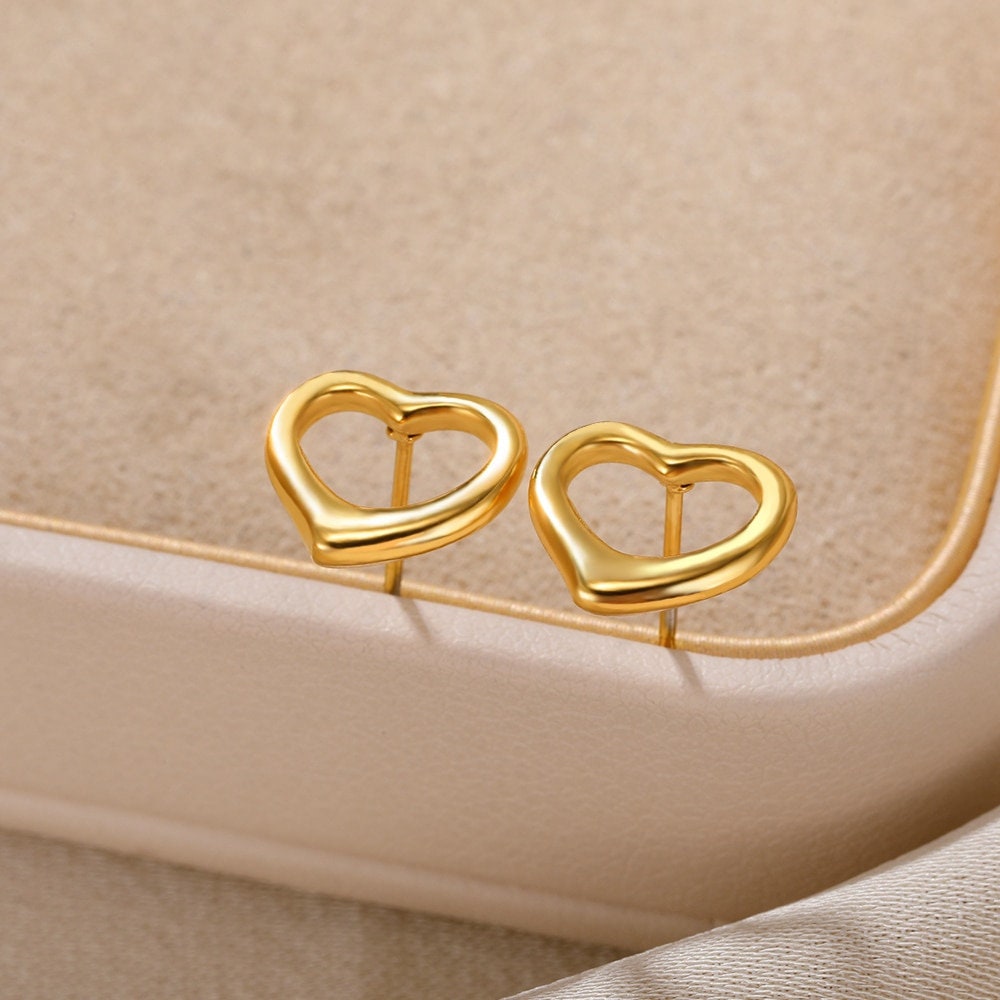 Boho Heart Studs Earrings, Punk Heart Studs Earrings, Gold Heart Earrings, 18K Gold Earrings, Dainty Minimalist for Women, Gift for Her