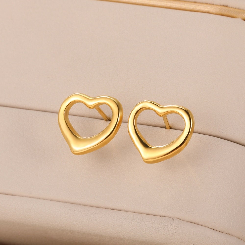 Boho Heart Studs Earrings, Punk Heart Studs Earrings, Gold Heart Earrings, 18K Gold Earrings, Dainty Minimalist for Women, Gift for Her
