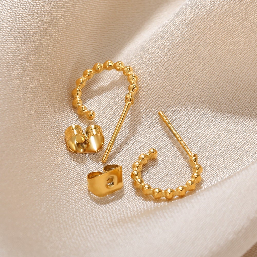 Boho Beads Studs Earrings, Punk Beads Studs Earrings, Gold Heart Earrings, 18K Gold Earrings, Dainty Minimalist for Women, Gift for Her